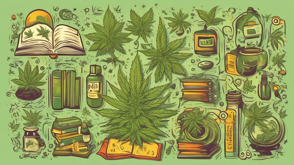 Create an informative and balanced illustration that visually addresses and debunks common myths about marijuana. Include elements such as a marijuana plant, educational symbols (like books or charts)