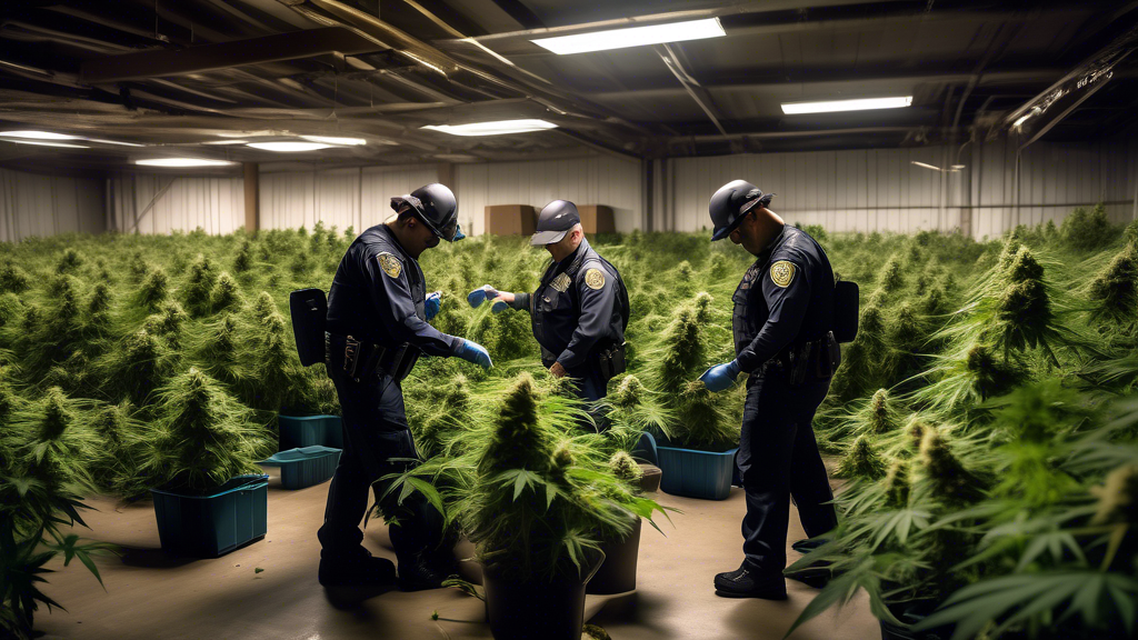 Create an image depicting a dramatic scene of California law enforcement officials conducting coordinated raids on illegal indoor cannabis operations. The setting should include warehouses being inspe