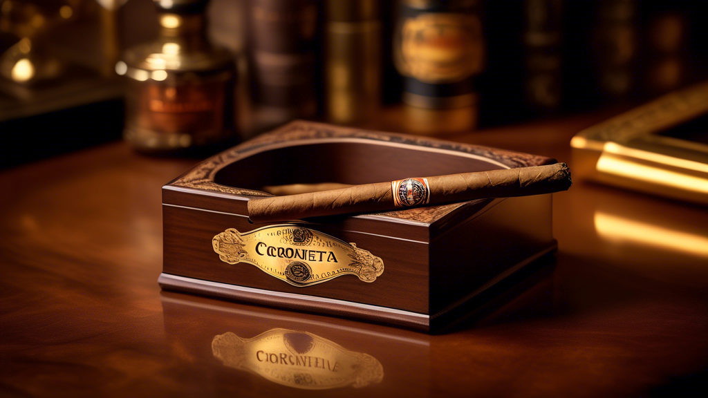 Create an image of a luxurious cigar labeled 'Coroneta Habano' from Crowned Heads, surrounded by a rich, vintage setting. Include a polished wooden table with an antique ashtray, delicate smoke tendri