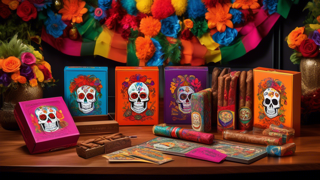 A vibrant, celebratory scene featuring the 10th anniversary of Las Calaveras by Crowned Heads. Display a festive atmosphere with colorful decorations, thematic cigar motifs, and traditional Mexican su