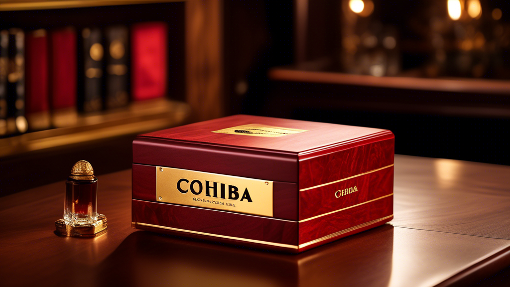 Create an image of an elegant, luxurious cigar box labeled Cohiba Series M Red Reserve placed on a sophisticated wooden table. The box should be adorned with intricate gold detailing and a sleek red l