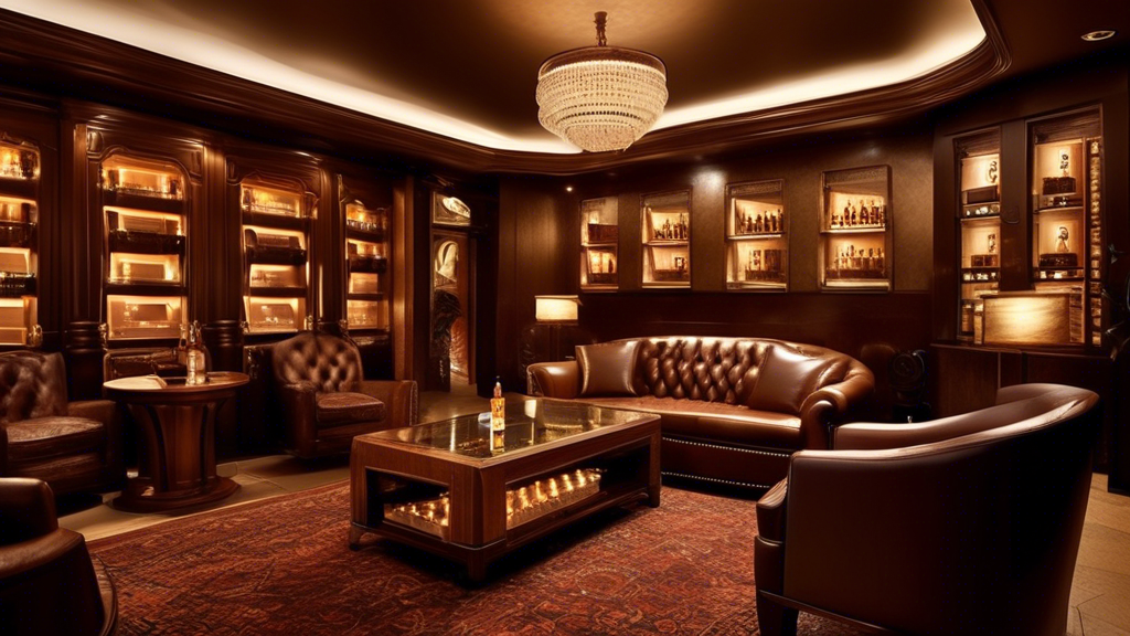 Create an image of a sophisticated cigar lounge with warm, dim lighting and richly decorated interior. In the foreground, showcase a perfectly rolled Macanudo Emissary cigar with a pristine Spain Perf