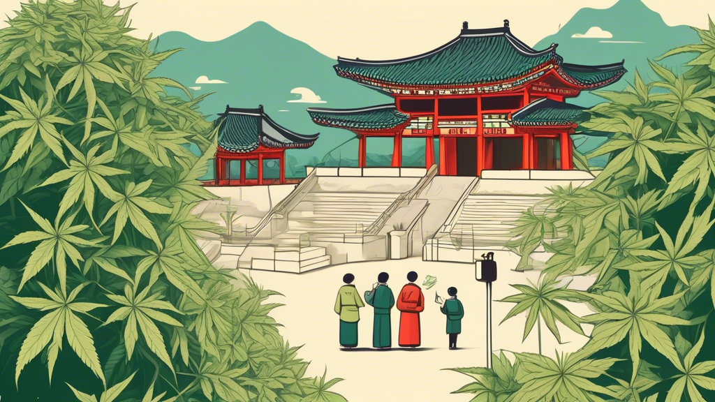 Create an illustration depicting the current legal status of marijuana in South Korea. The image should include South Korean cultural elements, such as traditional architecture or landmarks like Gyeon