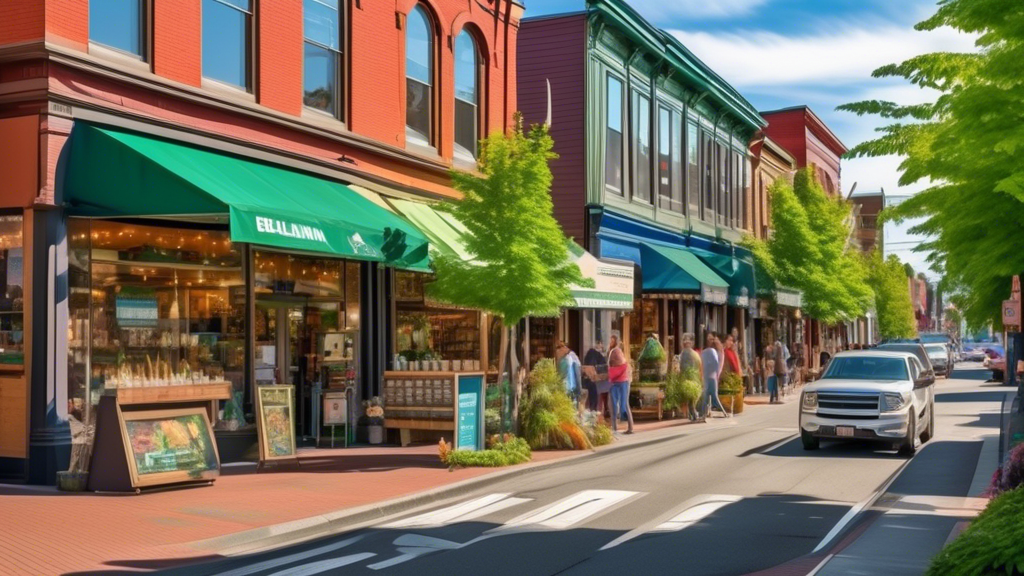 Create an image of a vibrant downtown Bellingham street scene with eye-catching storefronts, featuring several trendy marijuana shops. Include imaginative, inviting storefront displays, a diverse mix 