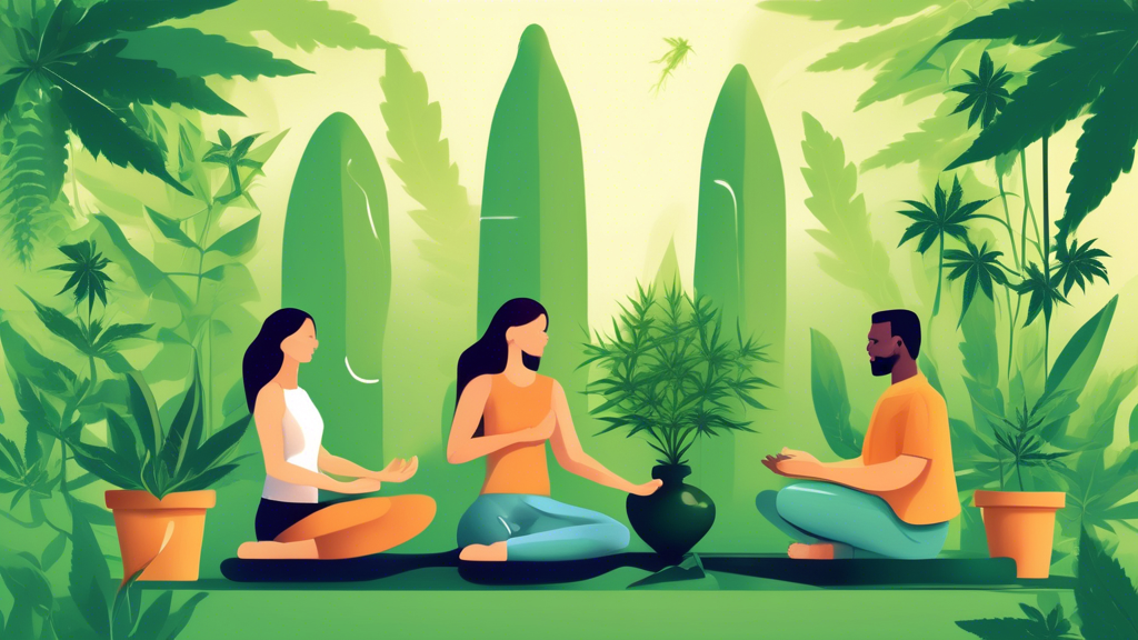 Create a detailed illustration showing a serene, natural setting where people are engaging in various forms of marijuana therapy. Include a figure practicing yoga with a marijuana plant nearby, anothe