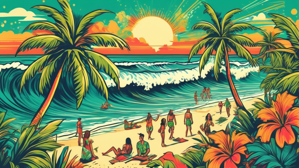 Create a vibrant illustration of a Hawaiian beach scene with iconic elements like palm trees, waves, and people celebrating. Include subtle references to marijuana, such as a cannabis leaf design on a