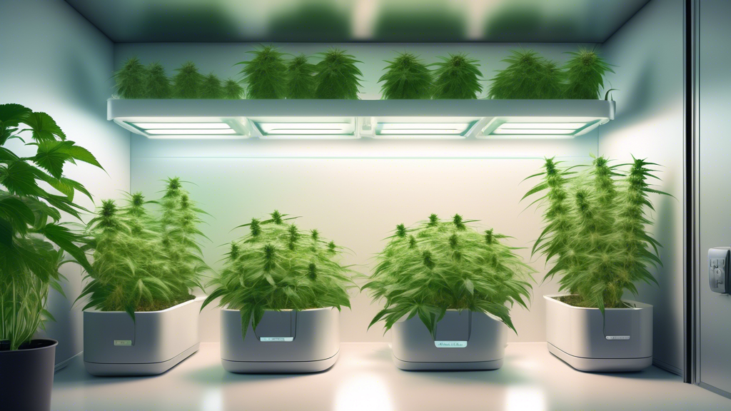 A detailed illustration showcasing a modern, efficient home marijuana grow system. The image features a sleek, organized indoor grow room setup within a contemporary living space. The grow room is equ