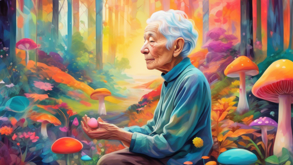 Generate an image of an elderly person in a serene, nature-inspired setting, such as a forest or a colorful garden. The person is depicted with an aura of vibrant, swirling colors around their head, s