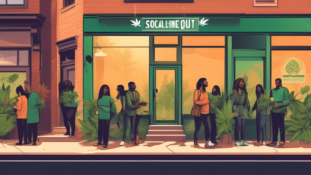 Create an image depicting the closure of the first social equity cannabis dispensary in the U.S. The scene should be of a storefront with a 'Closed' sign and a diverse group of people reflecting on it