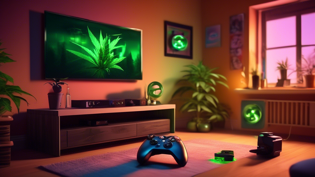 Create an image that depicts an Xbox gaming setup with a controller, headset, and a TV screen showing a popular game. In the background, add subtle elements that hint at marijuana use, such as a small