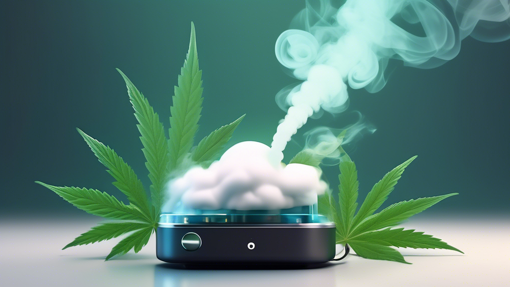 Create an image that features a sleek, futuristic portable vaporizer emitting a cloud of vapor in a modern setting. The background should include subtle cannabis leaves, and the vaporizer should be su