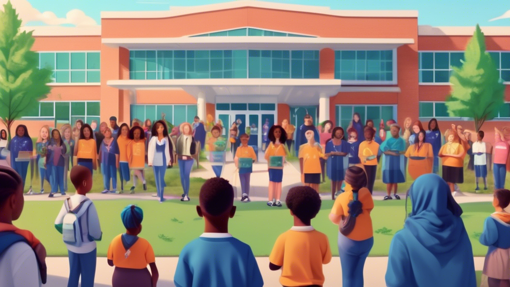 An inspiring scene of a school in Kentucky with a diverse group of students, some using medical cannabis treatments in a responsible and supervised manner. The background features a modern school buil