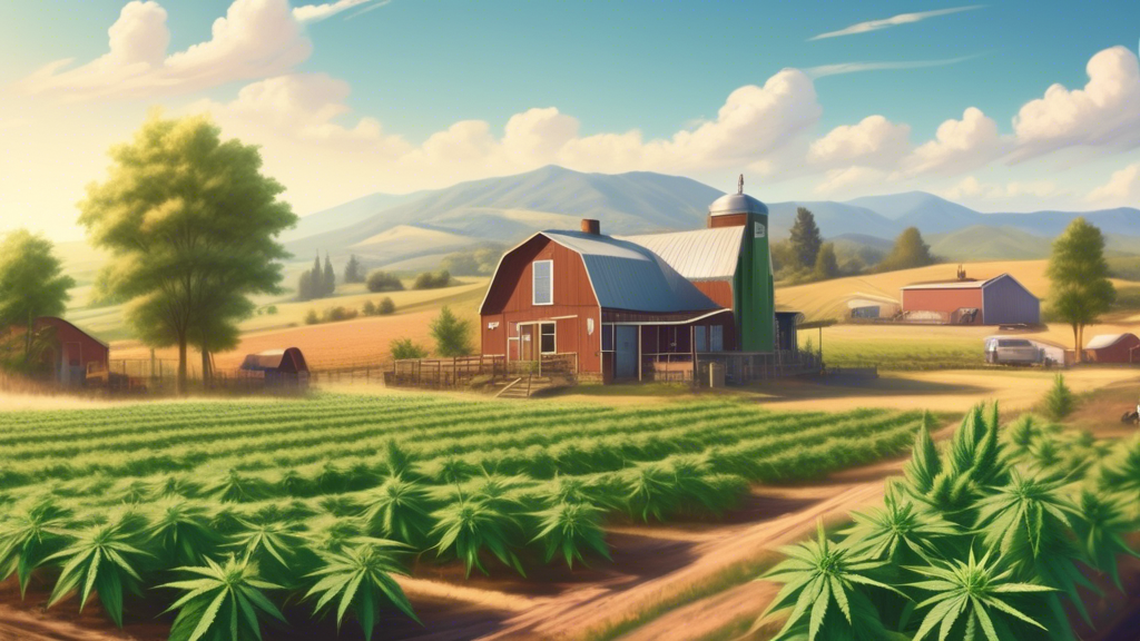 Create an image of a serene, sunlit landscape showcasing a small, local marijuana farm. The field should be lush with evenly spaced cannabis plants. In the background, there should be rolling hills an