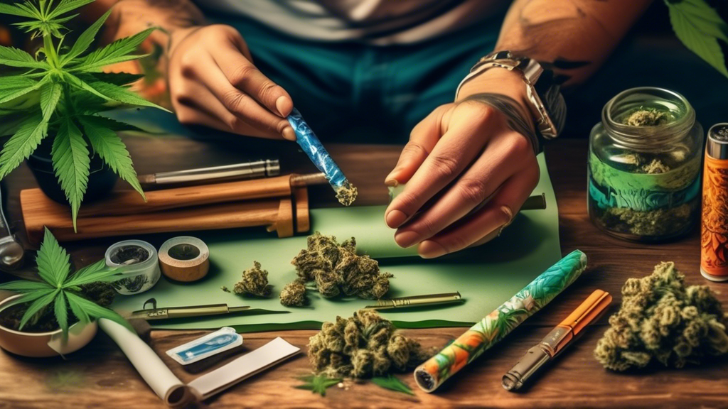 An expert marijuana enthusiast meticulously rolling a perfectly shaped joint, surrounded by vibrant cannabis plants, high-quality rolling papers, and various rolling tools on a rustic wooden table wit