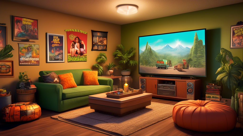 Create an image depicting a cozy living room setting with a large television screen displaying iconic scenes from popular marijuana-themed movies. Include subtle references to classic stoner films lik