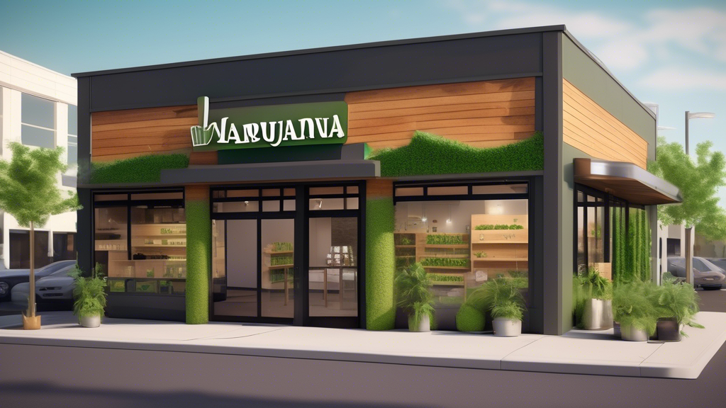 Create an image of a cozy, welcoming marijuana dispensary in Everett, WA. The storefront should have a modern, clean design with a green cross symbol indicating it's a cannabis shop. The inside of the