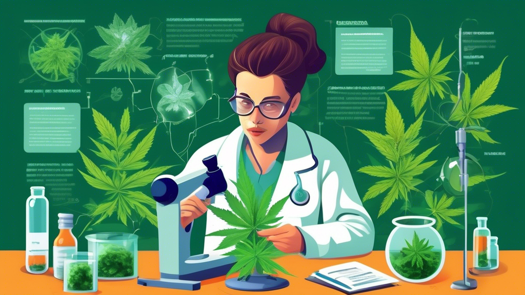 Create an image that illustrates the concept of a detailed scientific study on marijuana, focusing on its components, effects, and research methodologies. The scene should include scientists in a mode