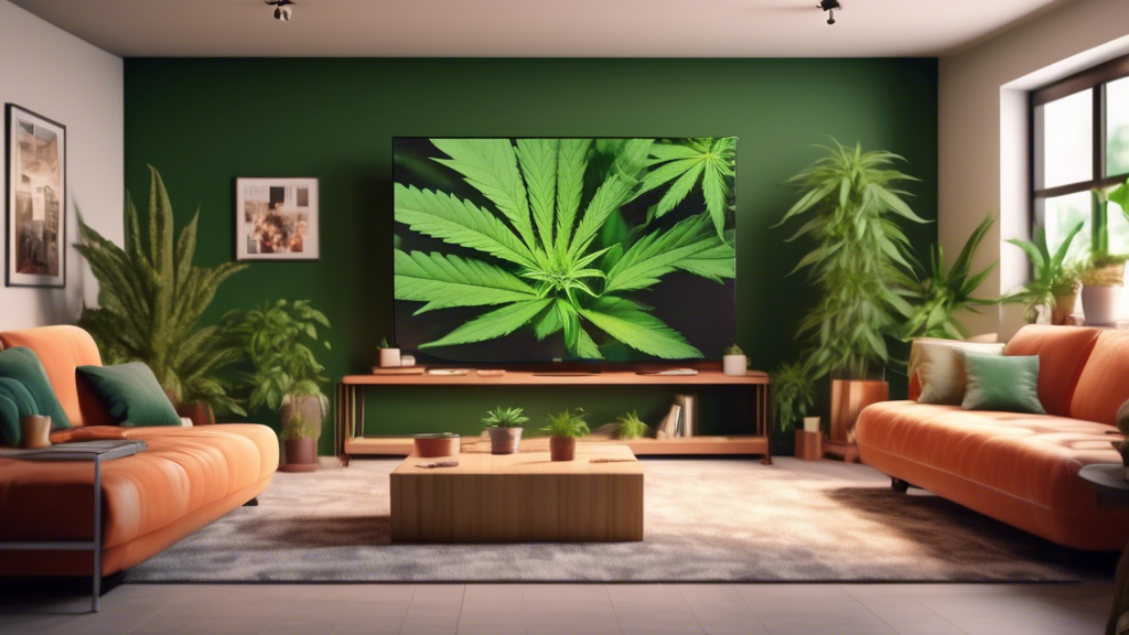 Create an image of a modern living room with a large television screen showing a vibrant and engaging YouTube interface. On the screen, feature thumbnails of diverse marijuana-related YouTube channels