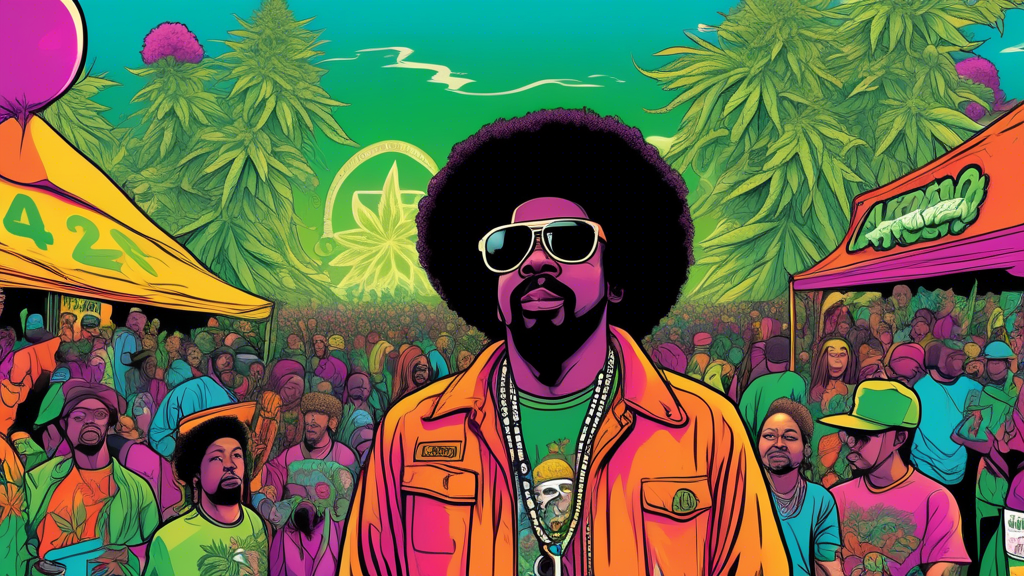 Digital illustration of Afroman standing in front of a 420 Fest stage filled with vibrant festival goers. The background features cannabis-themed decorations and a banner promoting cannabis legalizati