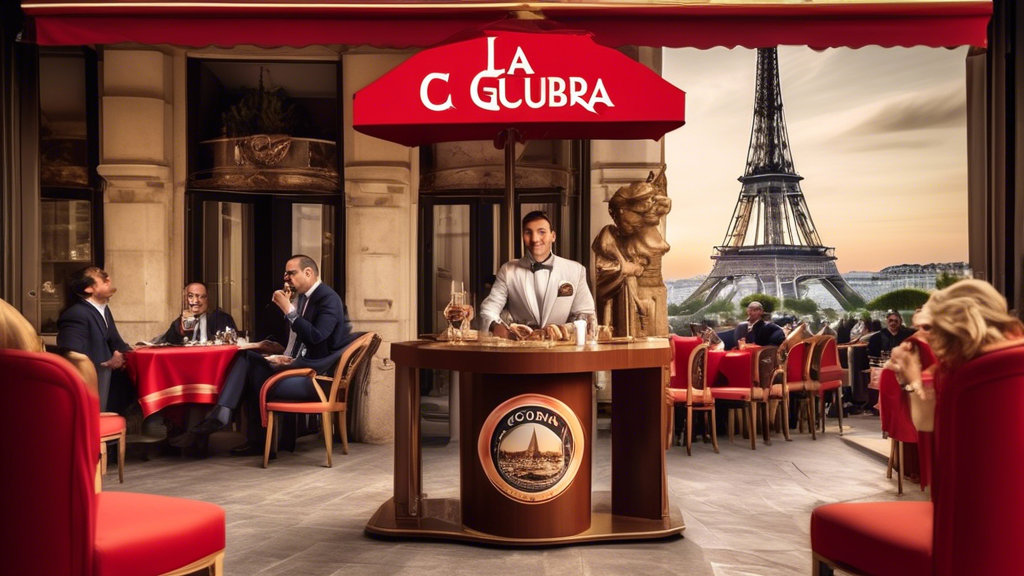 Create an image showcasing the debut of La Gloria Cubana Podium in France as a Regional Edition. Picture an elegant setting with a French café terrace, where sophisticated figures are enjoying cigars.