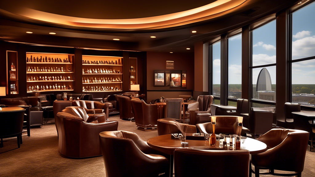 Create an image of a modern, upscale cigar lounge with the iconic Gateway Arch of St. Louis visible through large windows. The interior features leather chairs, wooden tables, and a well-stocked humid