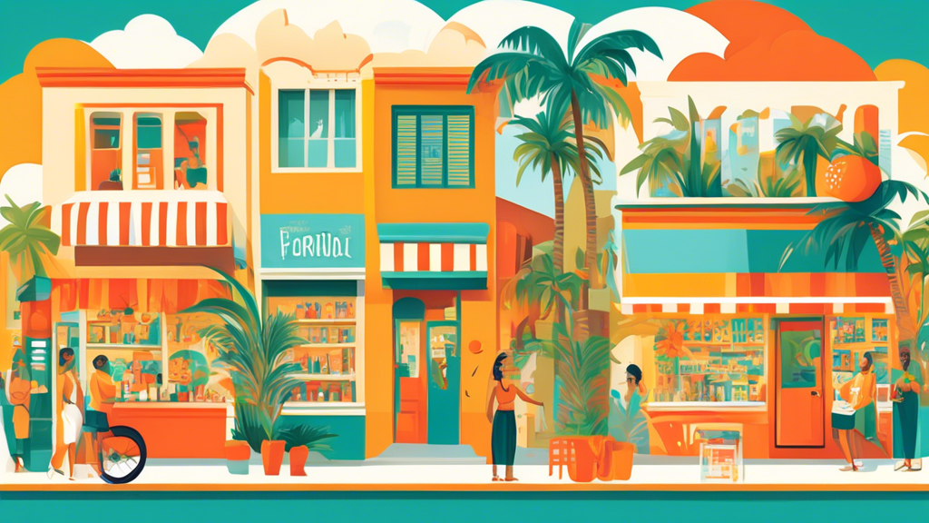 An optimistic collage-style image of small, vibrant dispensary chains in Florida, showcasing colorful storefronts, friendly smiling staff, and happy customers. The backdrop features iconic Floridian e