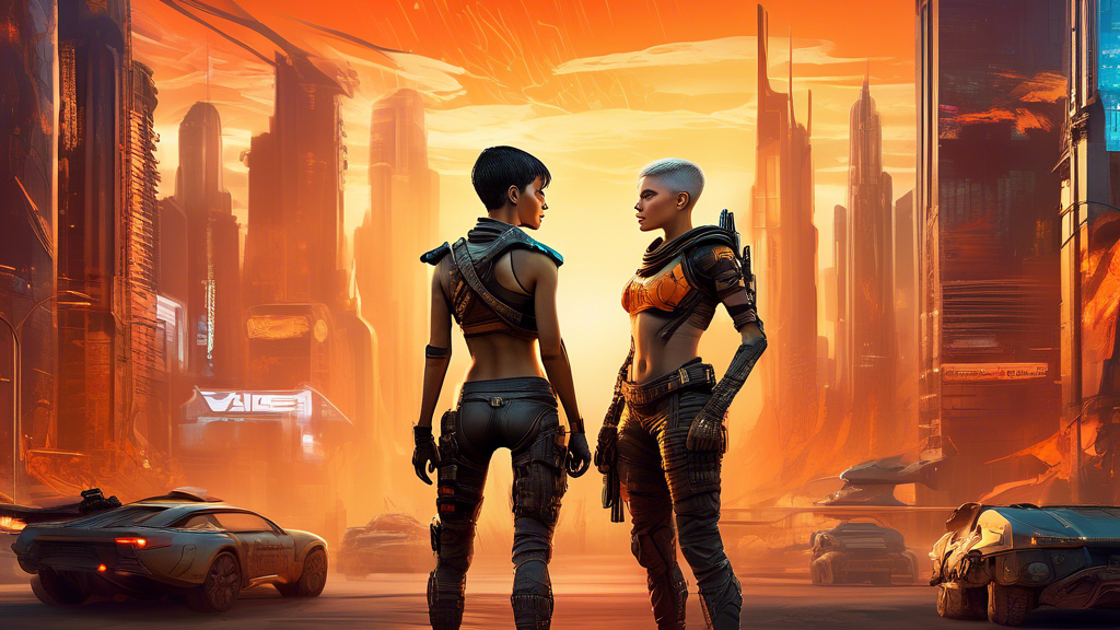 Create a visually striking image of two powerful, futuristic heroes named Viaje Cache and Furiosa, standing together in a vibrant, high-tech cityscape. Viaje Cache is adorned in sleek, advanced combat