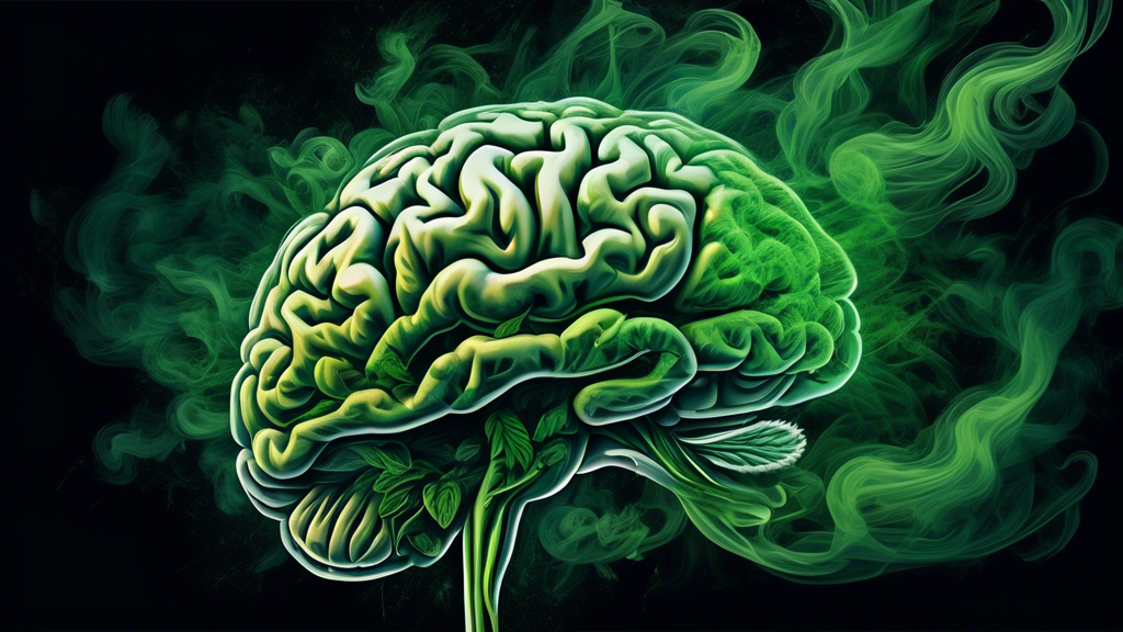 An intricate, abstract representation of a human brain with vivid, swirling patterns of green smoke and fragmented, chaotic imagery. The brain is set against a dark, moody background, with hints of ma