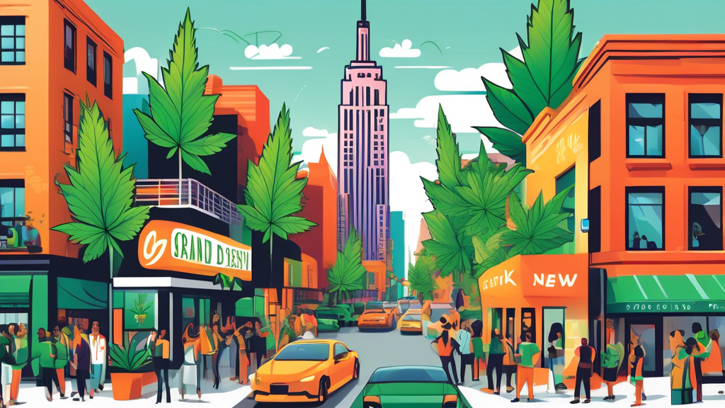 Create an image depicting a vibrant, modern New York cityscape with a focus on a newly opened cannabis dispensary featuring a 'Grand Opening' sign. Include diverse entrepreneurs celebrating outside an