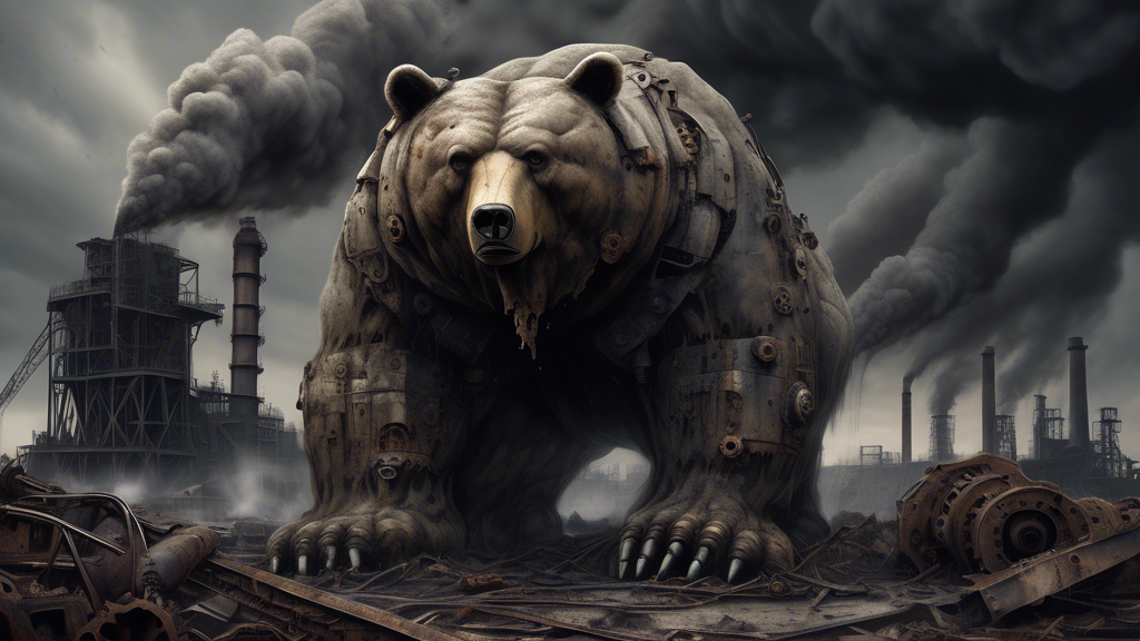 A powerful image depicting a colossal bear, symbolically weighing 40 tons, laden with heavy industrial machinery, cogs, and broken factory pieces on its back, trudging through a desolate, grey landsca