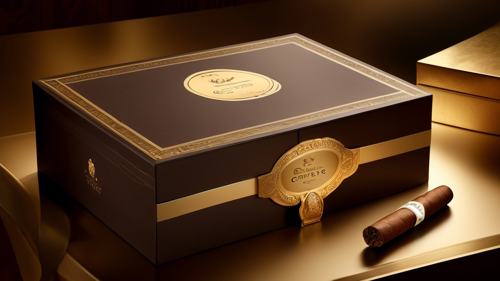 Create a realistic image of a luxurious, limited edition box of Cavalier Genève 2024 cigars, beautifully presented and exuding elegance, with a calendar marking August and a stamp showing Available fo