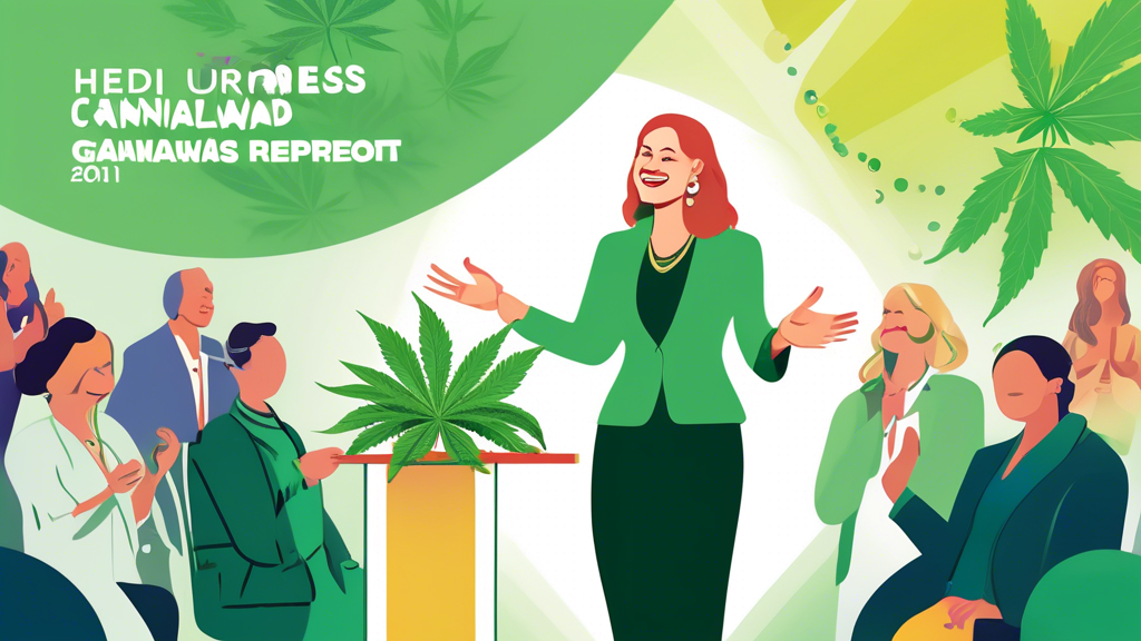 Create an image of Heidi Urness receiving the Women in Cannabis Legal Award at the Green Market Report event. The setting is an elegant awards ceremony with a sophisticated backdrop, featuring vibrant