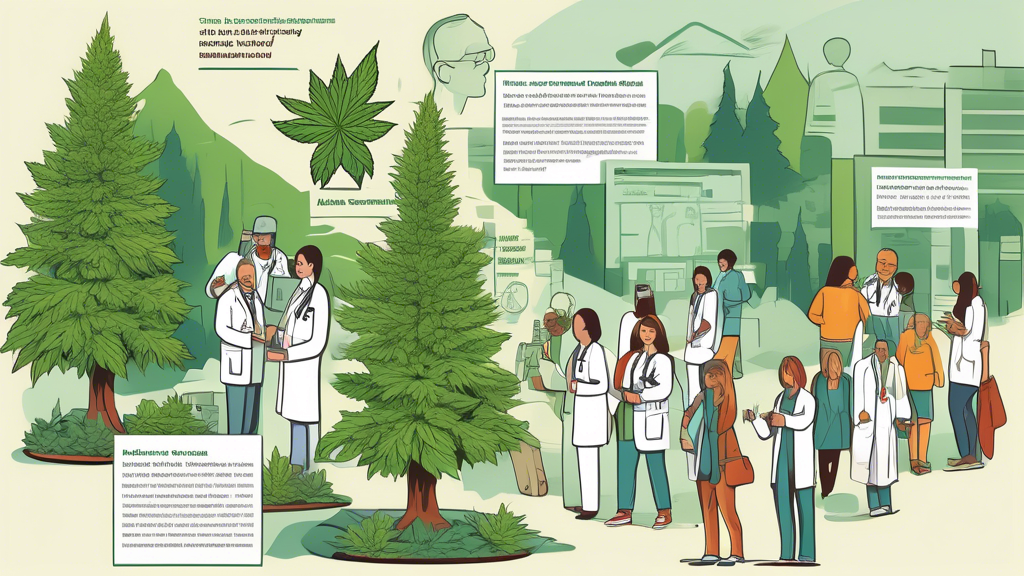 Create an informative illustration depicting the steps to obtain a medical marijuana card in Washington State. Show a diverse group of people visiting a doctor, discussing medical conditions, filling 