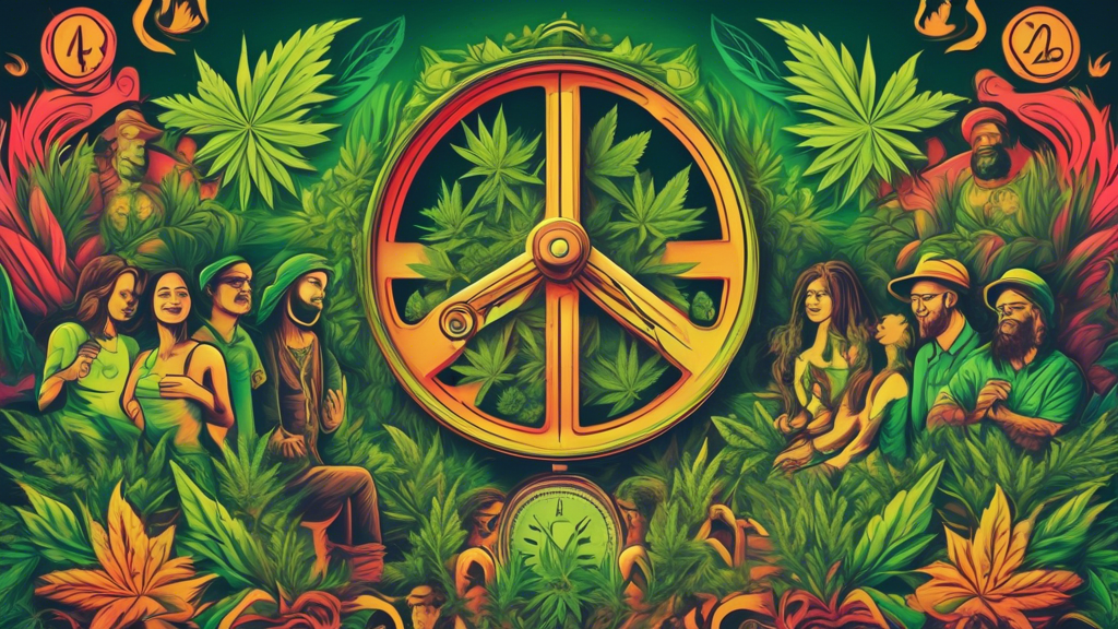 Create an artistic illustration that explores the cultural and historical significance of 420 in marijuana culture. The scene could include a clock displaying 4:20, a group of people engaging in a pea