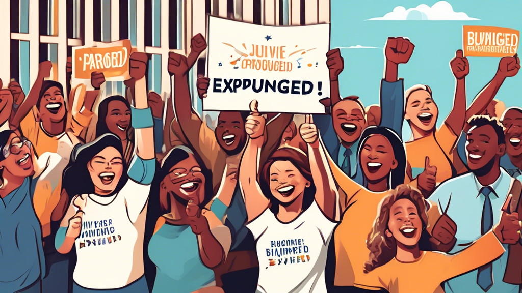 Create an image depicting a jubilant scene outside a courthouse where people are celebrating and holding banners that say Expunged! and Pardoned! The setting should include a diverse crowd of individu