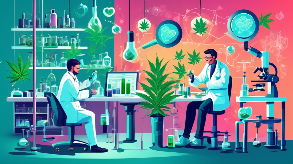 Create an image that depicts a scientific lab setting with researchers examining heart models and cannabis plants. Include detailed elements such as microscopes, charts showing data trends, and both h