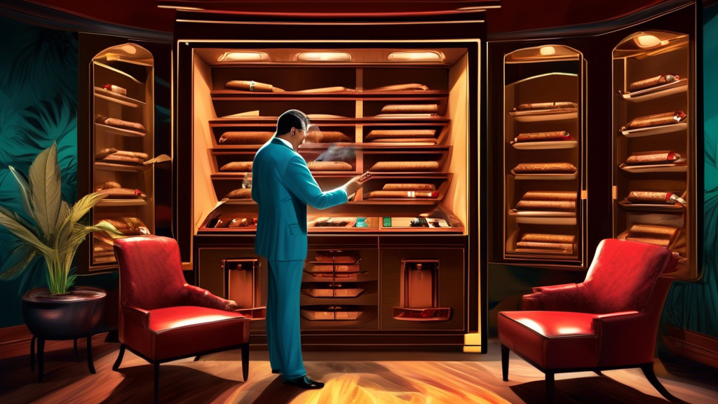 An elegantly dressed person gently placing a premium cigar into a high-tech humidor, surrounded by a collection of rare and exquisite cigars, in a luxurious smoking room.