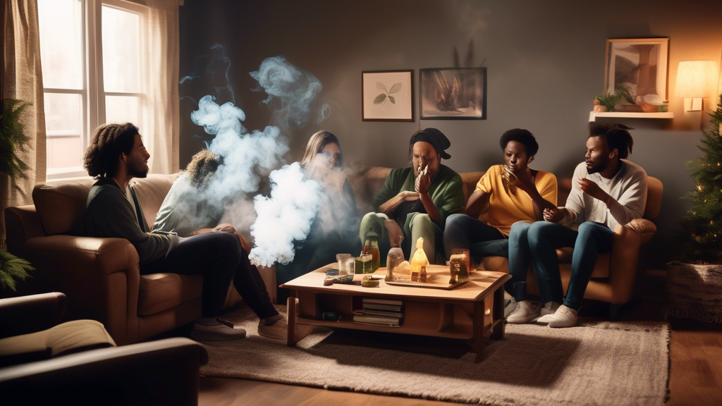 Create an image depicting a cozy living room with a group of friends gathered, where one person is smoking marijuana. Highlight the presence of secondhand smoke in the air, using visual elements like 