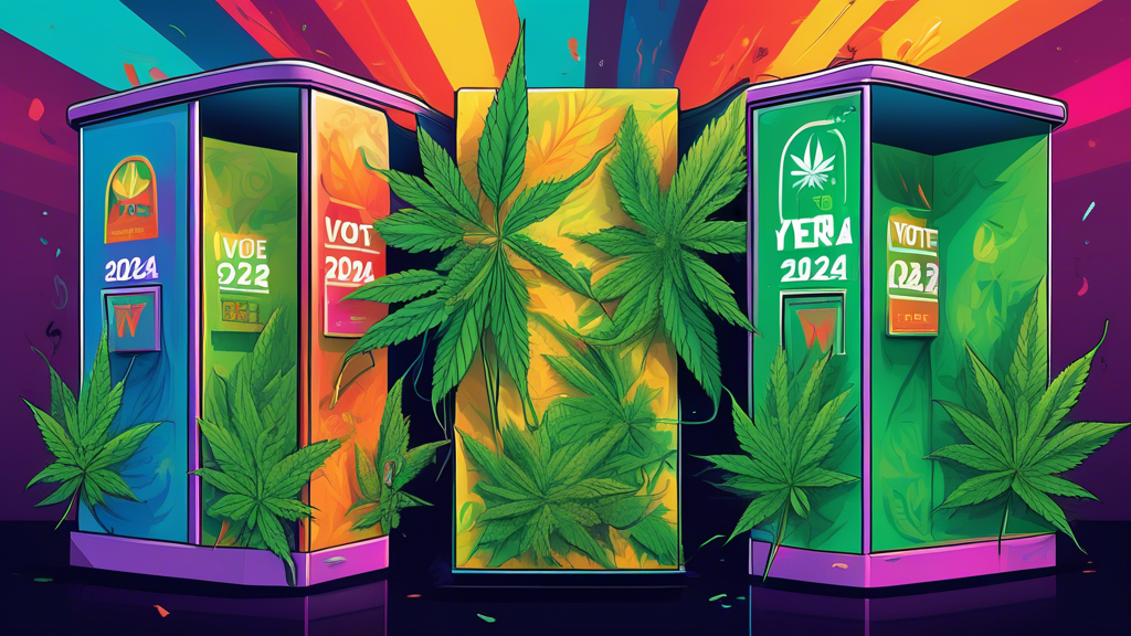 Create an illustration depicting the year 2024 with a futuristic voting booth adorned with imagery related to marijuana, such as cannabis leaves and legalization symbols. Show diverse voters engaging 