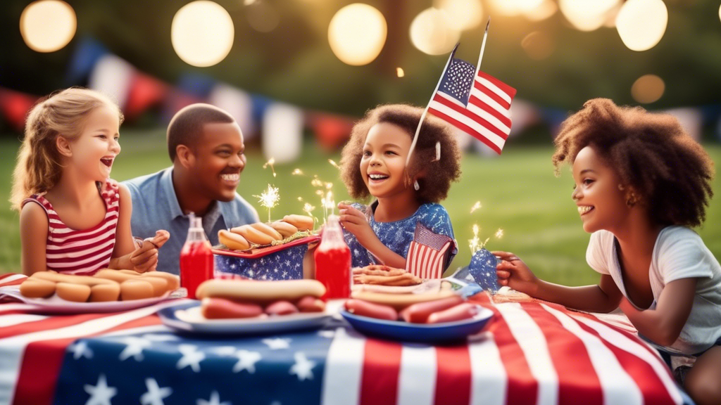 Create an image of a lively 4th of July celebration in a scenic park. Families are gathered on picnic blankets, kids are playing with sparklers, and there's a grand fireworks display lighting up the n