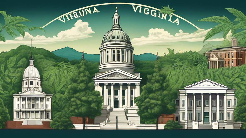 Create a detailed digital illustration depicting the contrast and evolution of marijuana laws in Virginia: show a historical courthouse with strict judges on one side, and a modern, relaxed dispensary