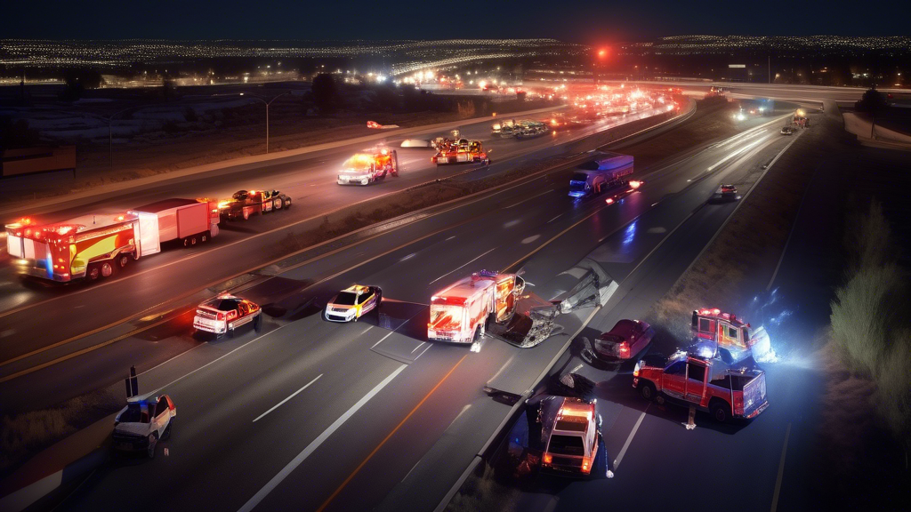 Create a realistic scene of a nighttime highway accident on I-25 in Broomfield. Emergency vehicles with flashing lights are attending to the scene, and debris is scattered on the road. The surrounding