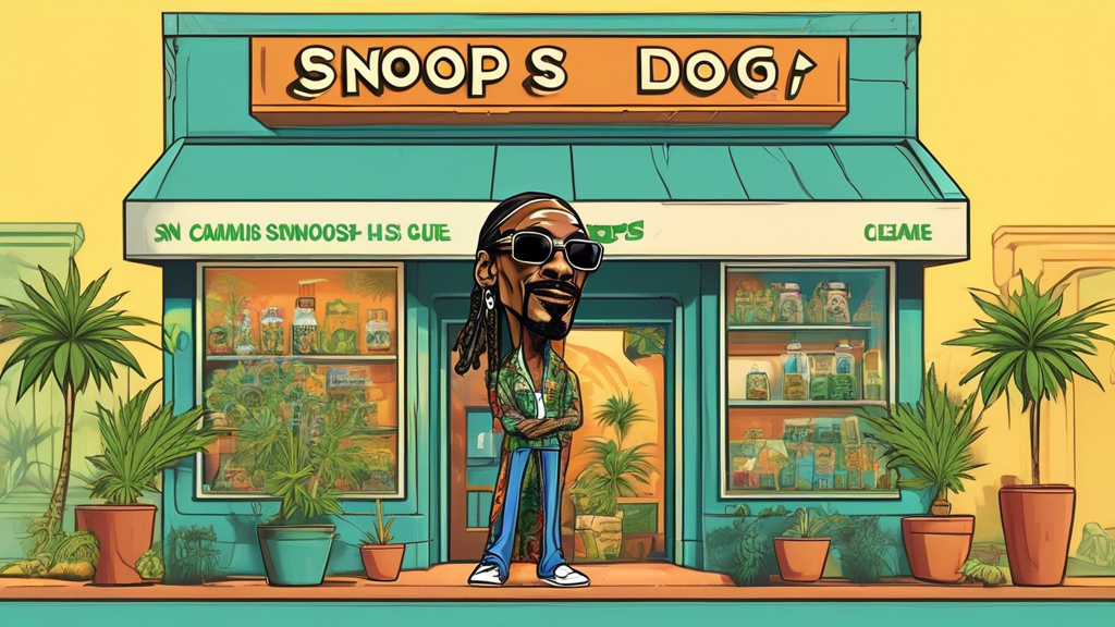 Create an image featuring Snoop Dogg standing proudly in front of a modern, stylish cannabis store with a sign that reads Snoop's Greenhouse. Snoop is wearing his iconic attire, complete with shades a