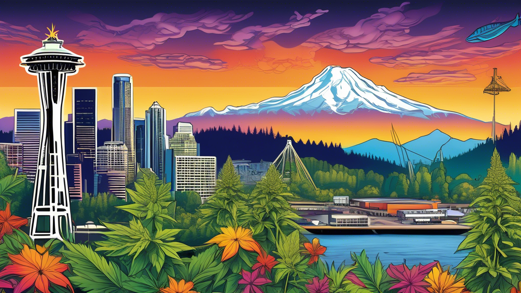 Create an image depicting the bustling marijuana industry career landscape in Washington State, featuring diverse professionals working in various roles such as cultivation, processing, retail, and la