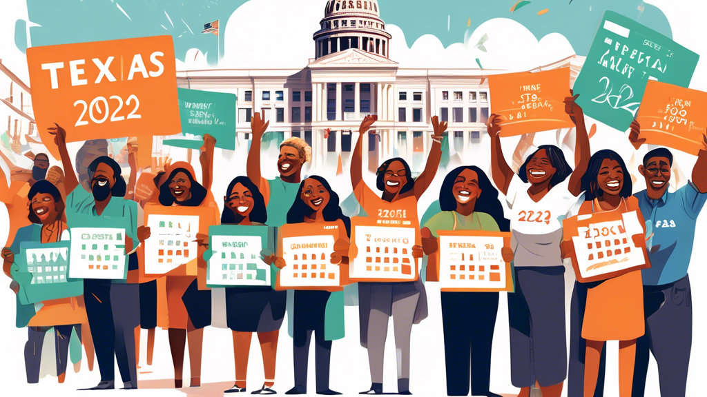 An illustration depicting a diverse group of activists in Texas, holding up signs and smiling proudly as they submit large stacks of signed petitions. The backdrop features iconic Texas landmarks and 