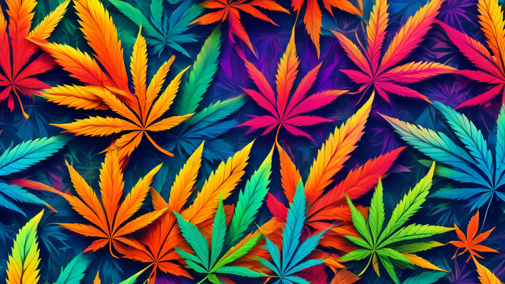 Create a high-resolution 4K image of vibrant, artistically-rendered marijuana leaves set against an abstract, colorful background. The design should be visually stunning, with intricate details in the