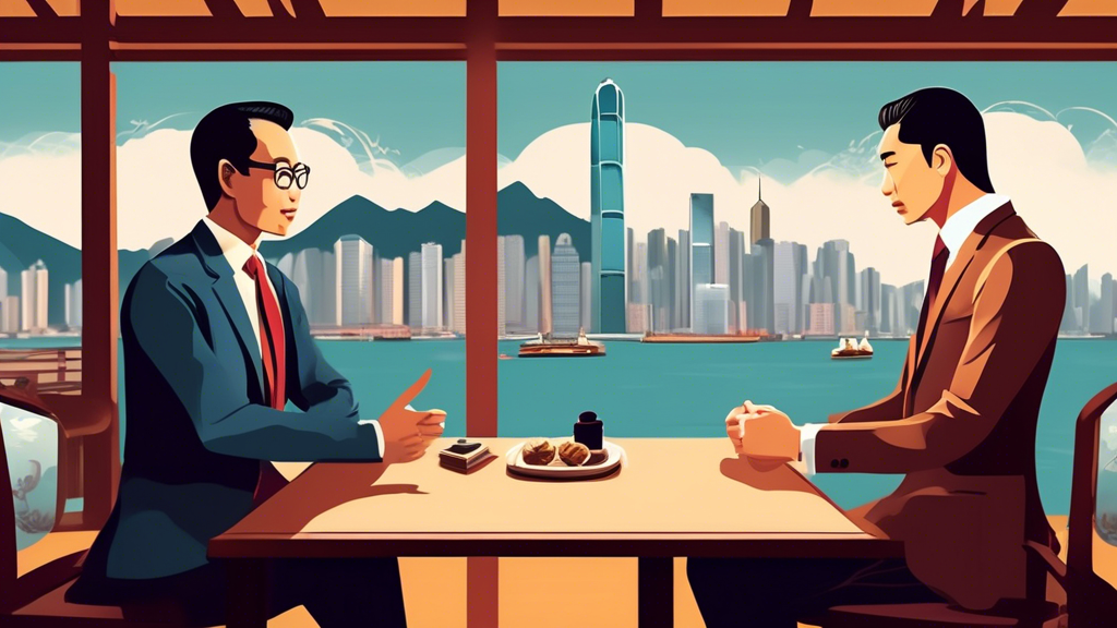 Create an image of a professional interview setting in Hong Kong. Show a well-dressed interviewer, CJ, speaking with Nestor Plasencia, who appears confident and engaged. The background reveals a moder