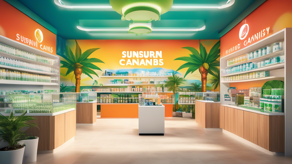 Create a vibrant and colorful image of a modern medical cannabis dispensary in Florida, prominently featuring the brand Sunburn Cannabis. Showcase a variety of cannabis products on shelves, with atten