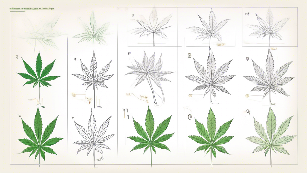 An instructional illustration showing a step-by-step guide on how to draw a marijuana leaf, with each step clearly labeled. The image starts with basic shapes and lines in the top left corner and prog