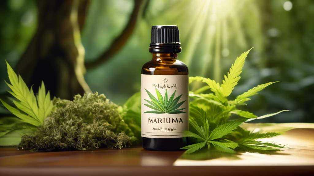 Create an image depicting a serene, nature-inspired setting with a dropper bottle labeled 'Marijuana Oil' as the focal point. The background should include elements like lush greenery, a gentle flowin